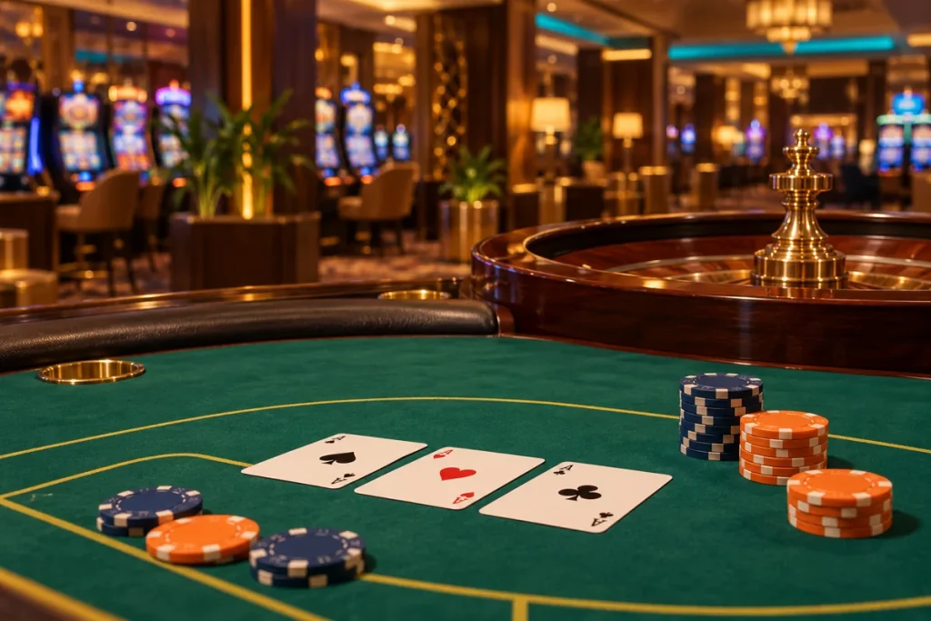 Editorial illustration of a card table for the HeySpin information guide