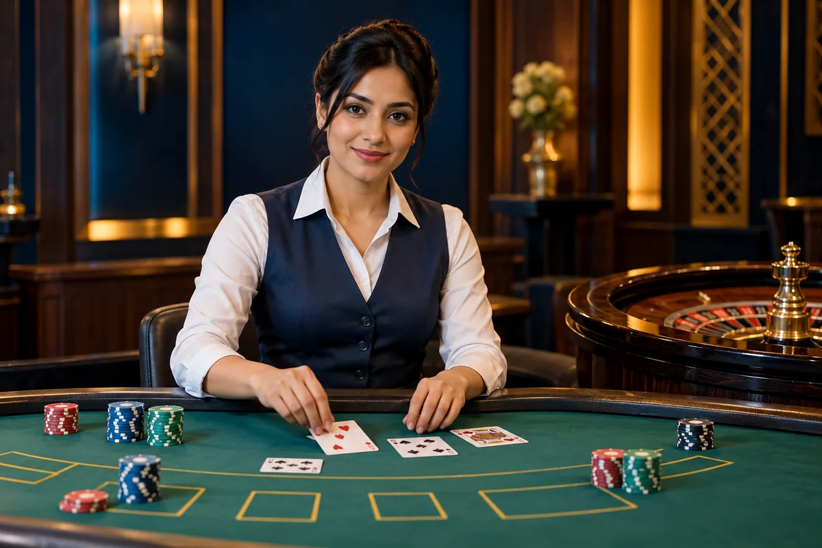 HeySpin India live casino guide illustration: an adult dealer with cards and chips at green felt, with a roulette wheel alongside.